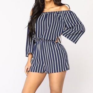 Fashion Nova. Navy/White Striped Romper.